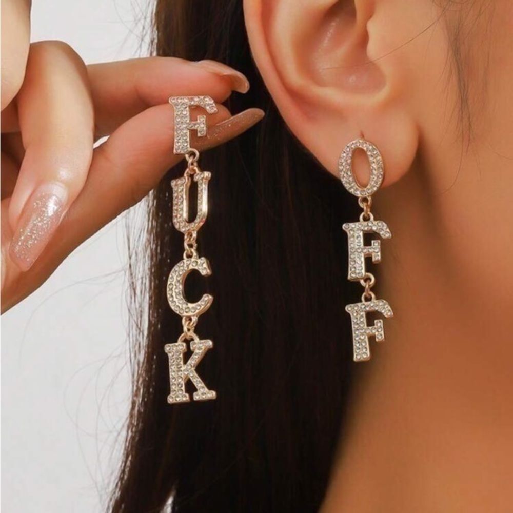 Gold Rhinestone Letter Dangle Punk Fashion F*uck Off Earrings